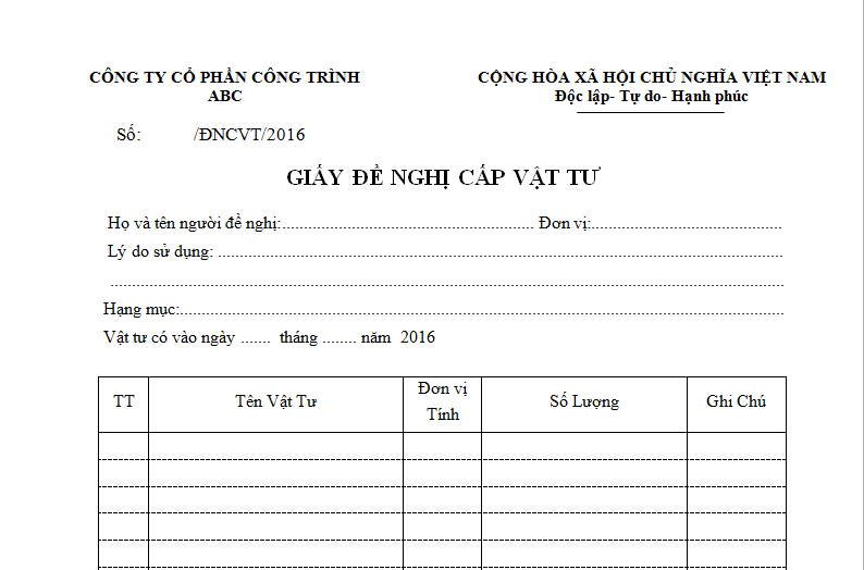 Giấy yêu cầu cấp vật tư